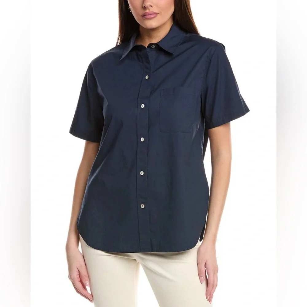 Vince Short Sleeve Cotton Poplin Button-Up Shirt in Navy